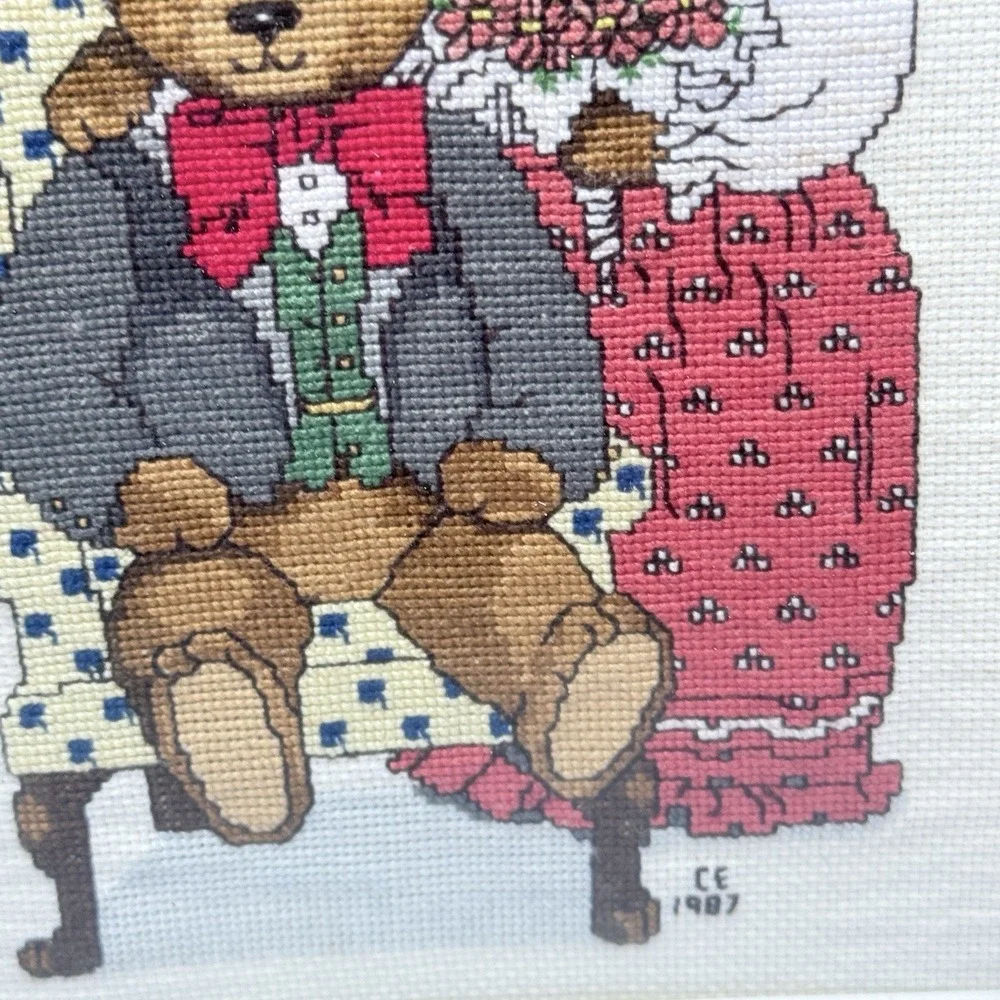 1980's Cute Teddy Bear Cross Stitch Embroidery Framed 11x14 Grandmacore Wall Art